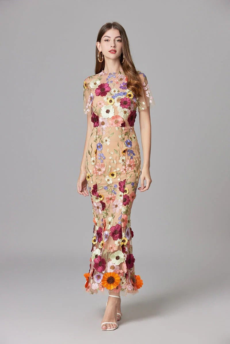 Lilia Floral Appliqué Midi Dress