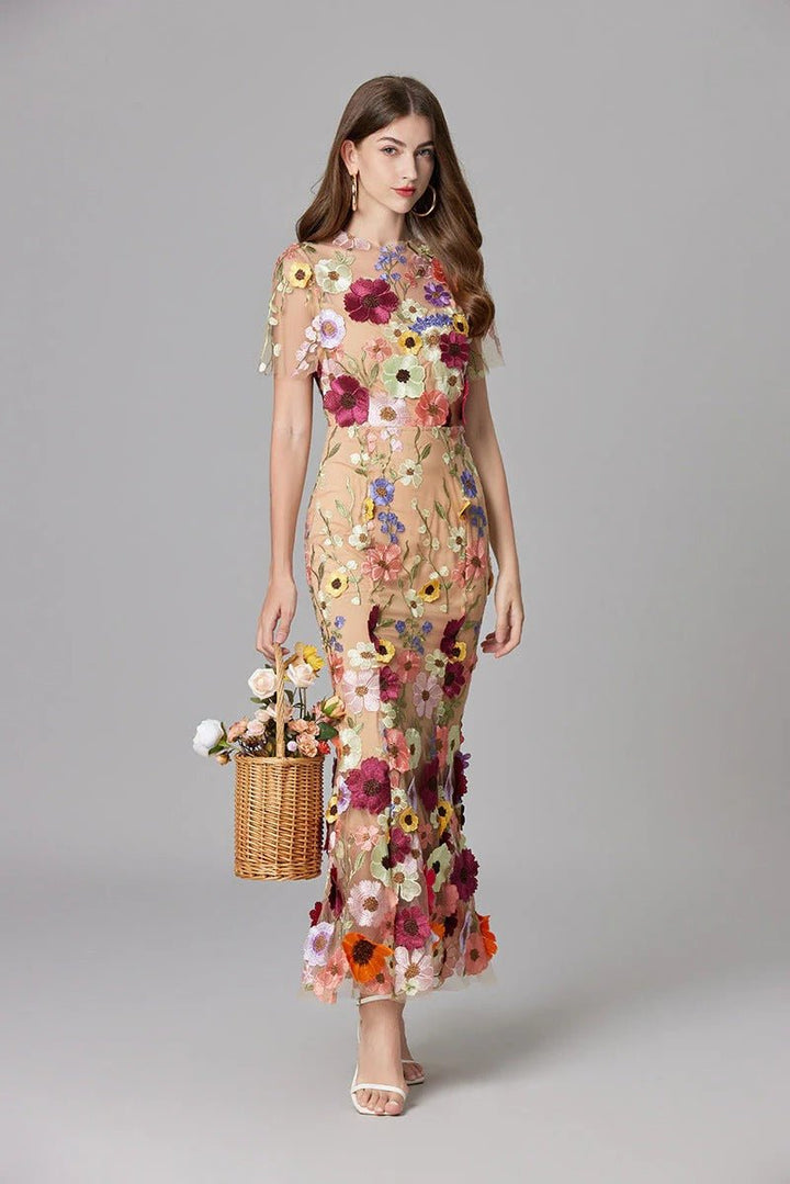 Lilia Floral Appliqué Midi Dress