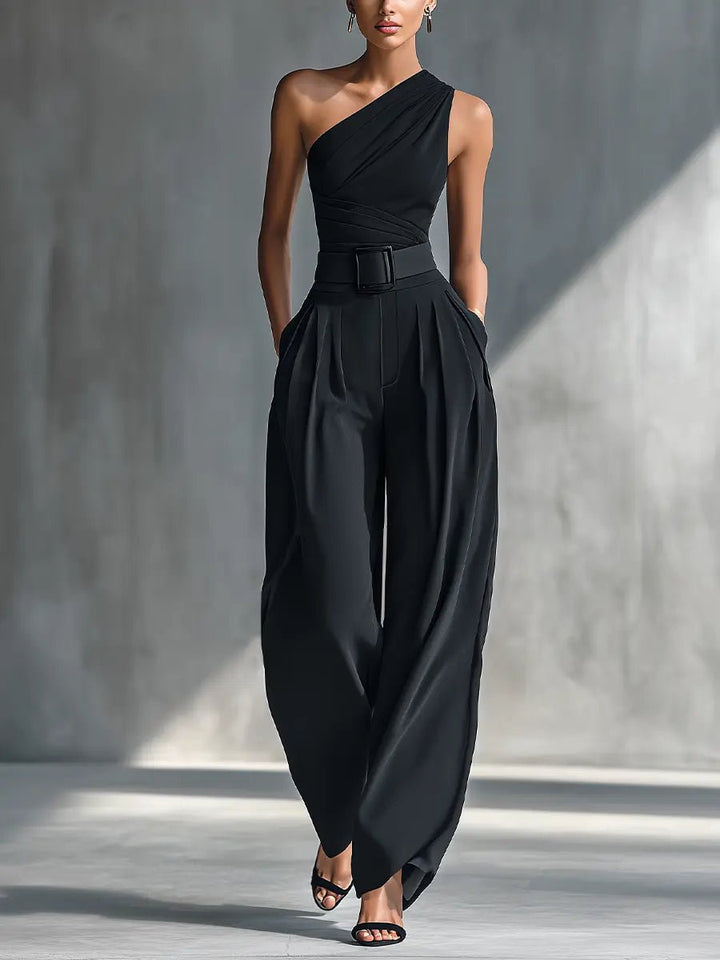 Indira One Shoulder Belted Jumpsuit