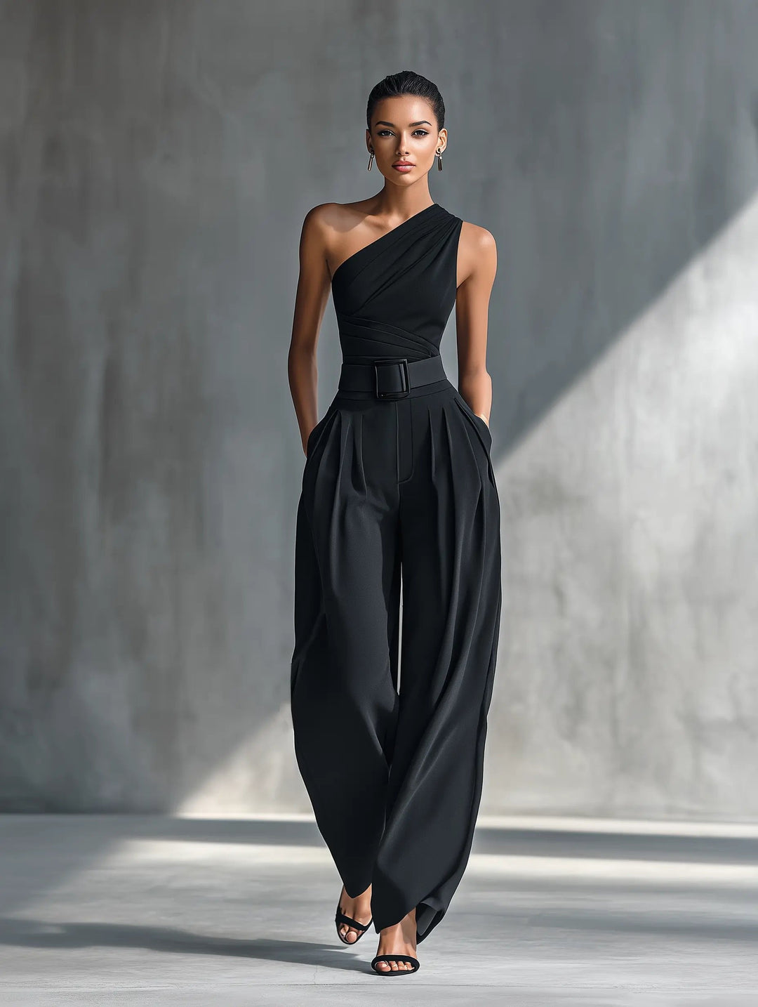 Indira One Shoulder Belted Jumpsuit