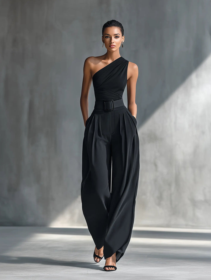 Indira One Shoulder Belted Jumpsuit
