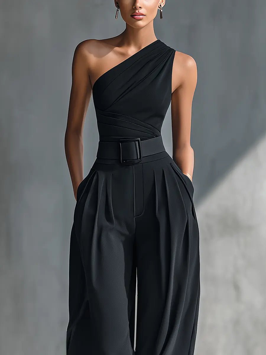 Indira One Shoulder Belted Jumpsuit