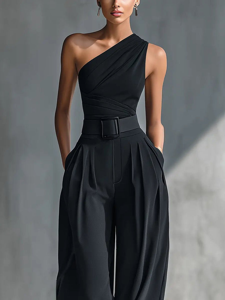 Indira One Shoulder Belted Jumpsuit
